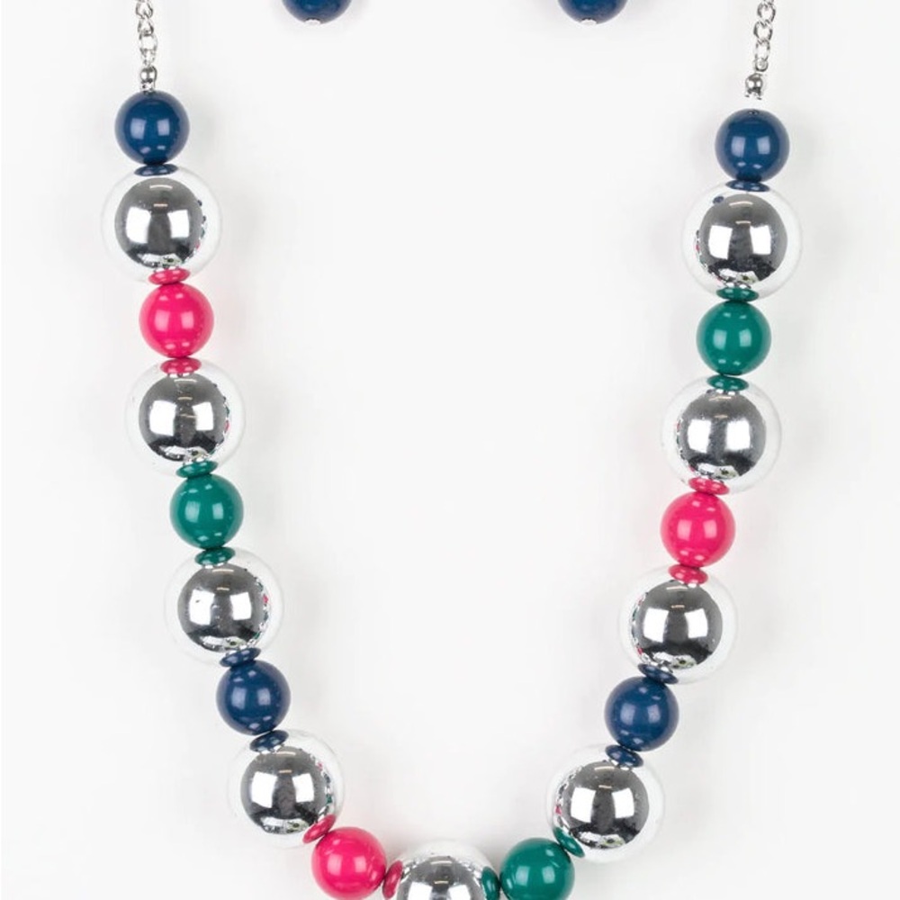 Paparazzi Silver, Pink, and Blue Statement Necklace